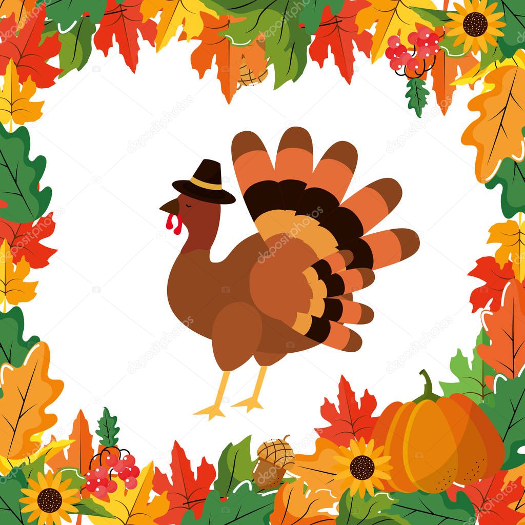 Leaves and turkey of happy thanksgiving autumn and season theme Vector illustration
