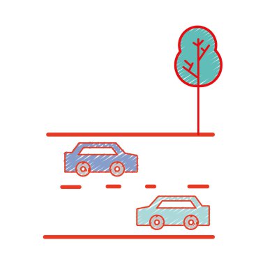 Çift yol ve ağaç vektör çizim yoluyla taşımacılığında arabalar