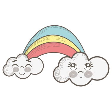Kawaii rainbow ile bulutlar yüz ifadesi, vektör çizim ile