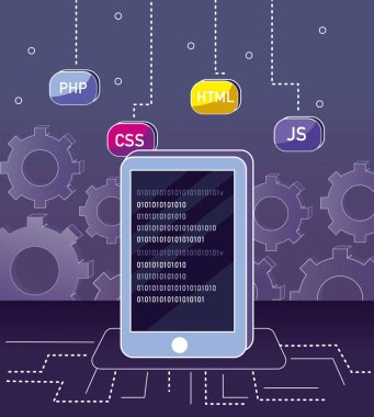 Vektör çizim grafik tasarım programı kodlama smartphone ve gears ile bulut