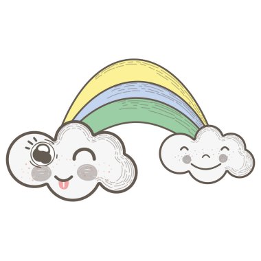 Kawaii rainbow ile bulutlar yüz ifadesi, vektör çizim ile