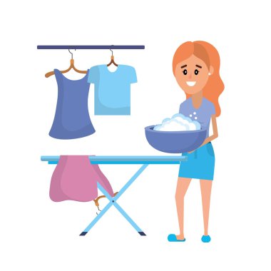 Çamaşırhane ekipmanları ve kadının aile içi bir iş yapması illüstrasyon vektör
