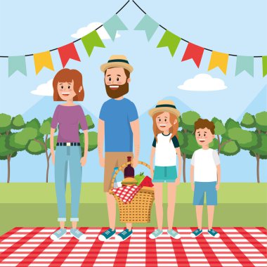 aile piknik sepeti yiyecek ve masa örtüsü vektör çizim ile