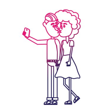 vektör çizim satırı çift öpüşme ve alma selfie ile smartphone