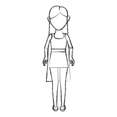 kontur genç kadın saç modeli ve kısa elbise, vektör çizim ile