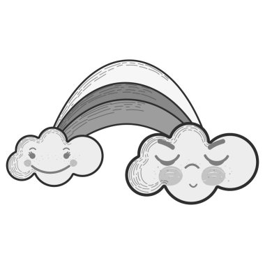 gri tonlamalı kawaii rainbow ile bulutlar yüz ifadesi, vektör çizim ile