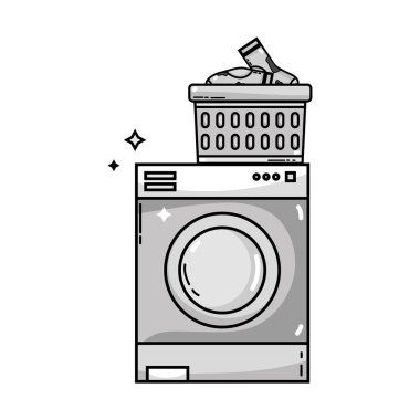 gri tonlamalı elektronik çamaşır makinesi ve kirli çorap sepetle illüstrasyon vektör