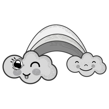 gri tonlamalı kawaii rainbow ile bulutlar yüz ifadesi, vektör çizim ile