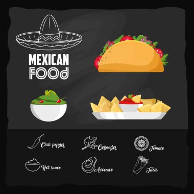 Cips ve taco Meksika yemeği aperatif ve menü tema vektör çizim