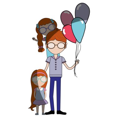 babası onun kızları ve balonlar, vektör çizim ile