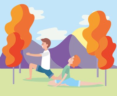 adam ve kadın eğitim yoga vektör çizim poz