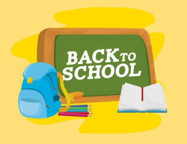 sırt çantası ve dizüstü okul gereçleri vektör çizim ile yazı tahtası