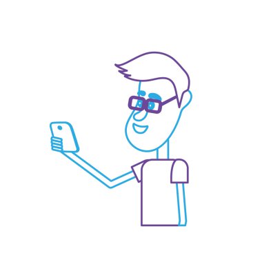 satır güzel adam saç modeli ve el vektör çizim içinde smartphone