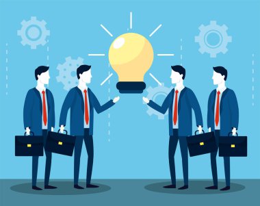 ampul fikir ve evrak çantası'nı vektör çizim ile işadamları ekip çalışması