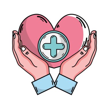 İnsanlar vektör çizim yardımcı olmak için kalp Tıp sembolü ile el
