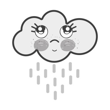 Beyaz kawaii şirin gözlerle, vektör çizim düşünme bulut yağmur