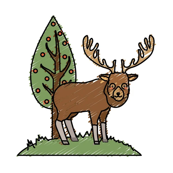 Elk Cute Binatang Liar Samping Vektor Pohon Ilustrasi - Stok Vektor