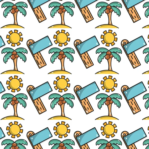 Palm Met Kokos Zon Met Surfplank Achtergrond Vectorillustratie — Stockvector