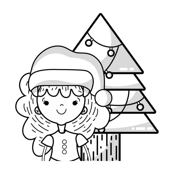 Линия Девушка Рождественской Одеждой Сосны Огнями Векторной Иллюстрации — стоковый вектор