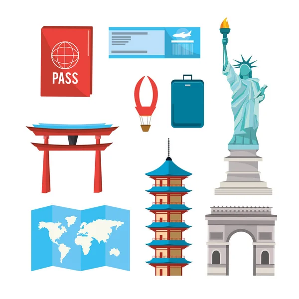 Conjunto Global Torres Explorar Vacaciones Vector Ilustración — Archivo Imágenes Vectoriales