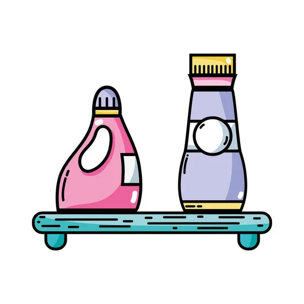 Estante Con Suavizante Detergente Botella Líquida Vector Ilustración — Archivo Imágenes Vectoriales