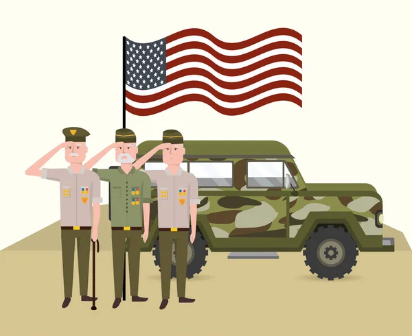 Soldati Militari Con Bandiera Degli Stati Uniti Auto Vettoriale Illustrazione — Vettoriale Stock