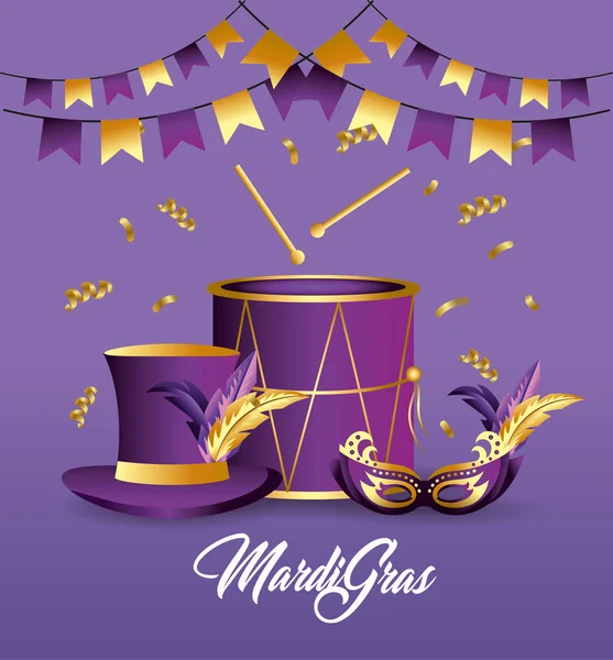 Tambor Con Decoración Sombrero Máscara Ilustración Vectorial Merdi Gras — Vector de stock