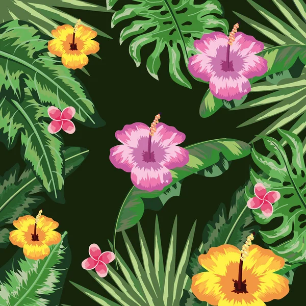 Flores Tropicais Folhas Plantas Fundo Vetor Ilustração — Vetor de Stock