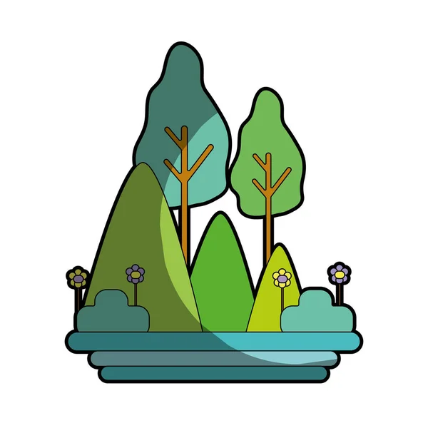 Montañas Con Plantas Con Flores Árboles Vector Ilustración — Vector de stock