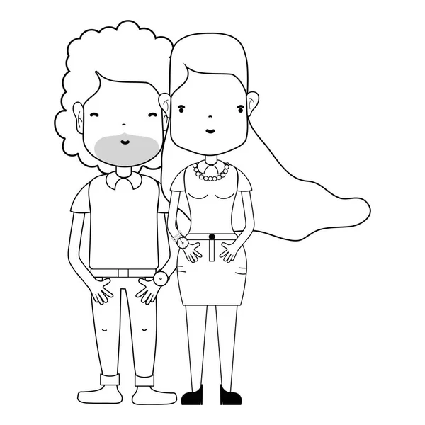 Línea Bonita Pareja Con Peinado Ropa Casual Ilustración Vectorial — Vector de stock