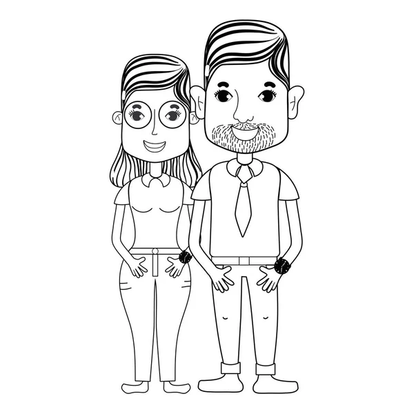 Ligne Beau Couple Avec Coiffure Vêtements Décontractés Illustration Vectorielle — Image vectorielle