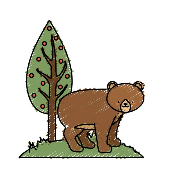 Lindo Oso Salvaje Animal Lado Árbol Vector Ilustración — Archivo Imágenes Vectoriales