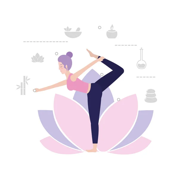 Donna Pratica Yoga Esercizio Equilibrio Vettore Illustrazione — Vettoriale Stock