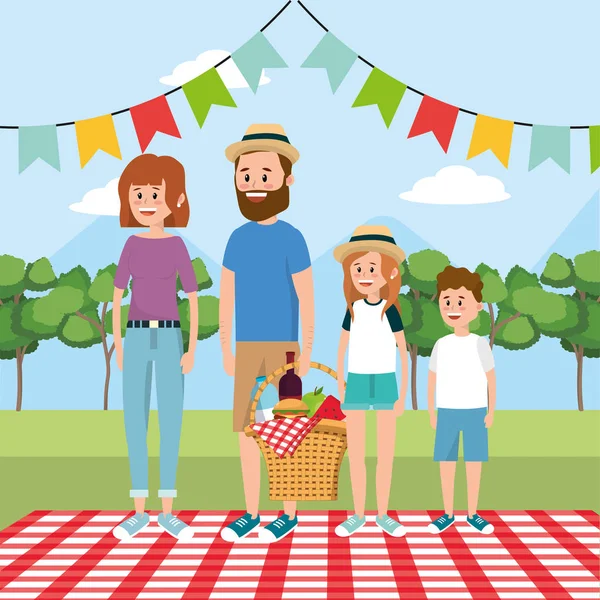 Familienpicknick Mit Korbessen Und Tischdecken Vektorillustration — Stockvektor