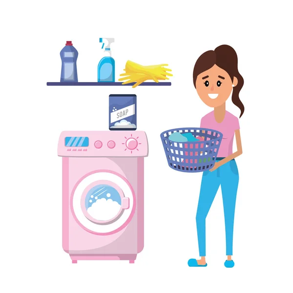 Laundry Equipment Woman Doing Domestic Job Vector Illustration — Stock Vector