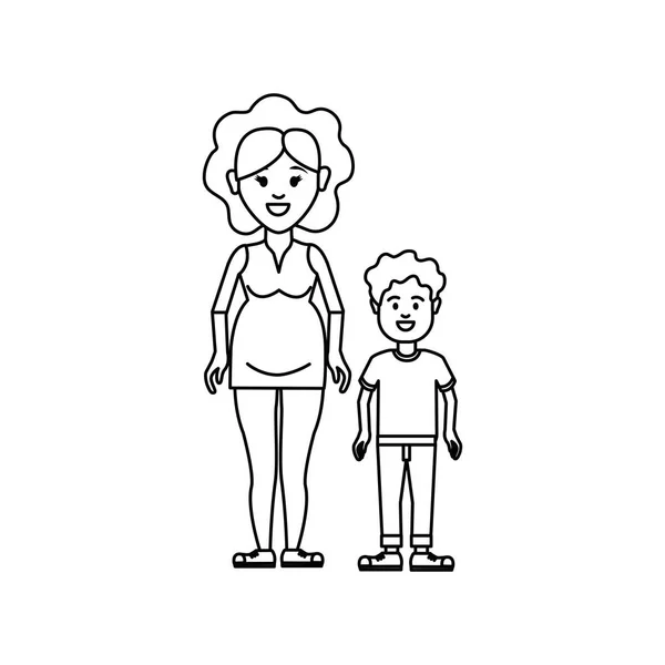 Figuur Van Zwangere Vrouw Haar Zoon Pictogram Vector Illustratie Ontwerp — Stockvector