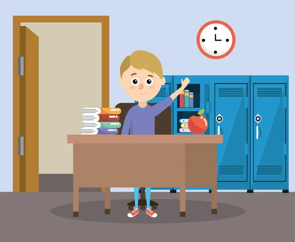 Jongen Klas Met Boeken Appel Met Bureau Vectorillustratie — Stockvector