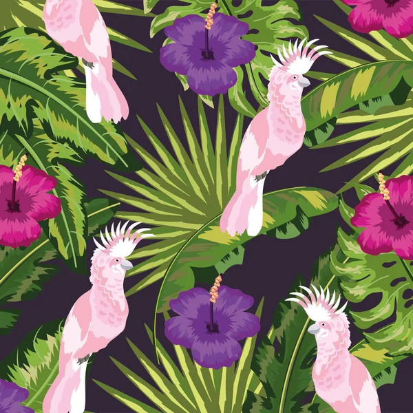Cacatoès Aux Fleurs Plantes Tropicales Illustration Vectorielle Fond — Image vectorielle