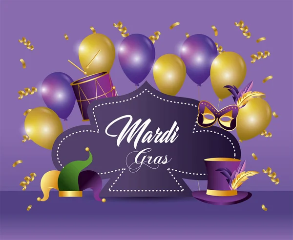 Etiqueta Merdi Gras Evento Com Balões Decoração Vetor Ilustração —  Vetores de Stock
