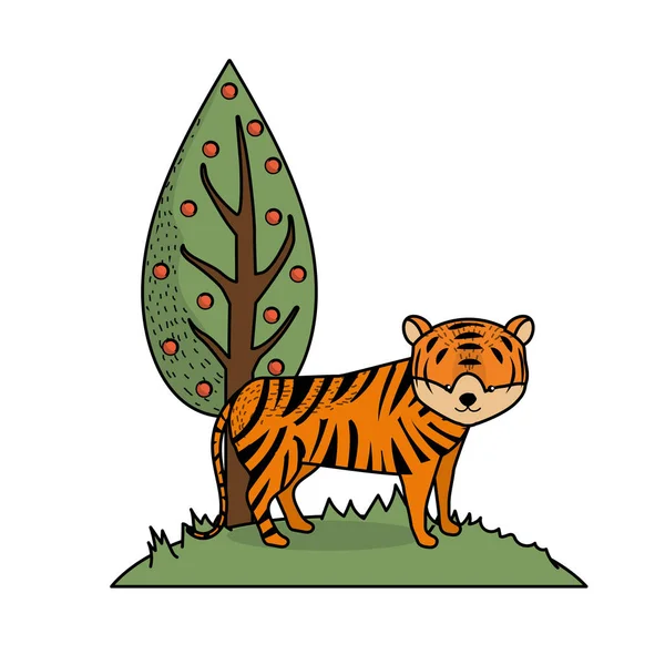 Tigres Lindo Animal Salvaje Junto Árbol Vector Ilustración — Vector de stock