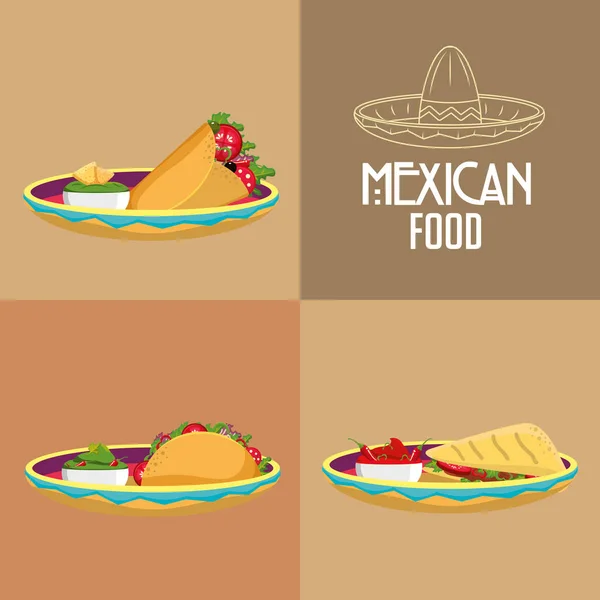Taco Quesadilla Burrito Comida Mexicana Snack Menú Temático Ilustración Vectorial — Vector de stock