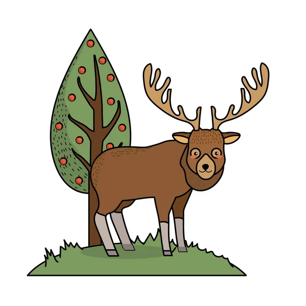 Cute Elk Wild Animal Next Tree Vector Illustration — Stock Vector