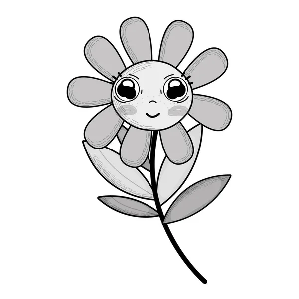 Escala Grises Kawaii Lindo Flor Planta Con Grandes Ojos Mejillas — Vector de stock