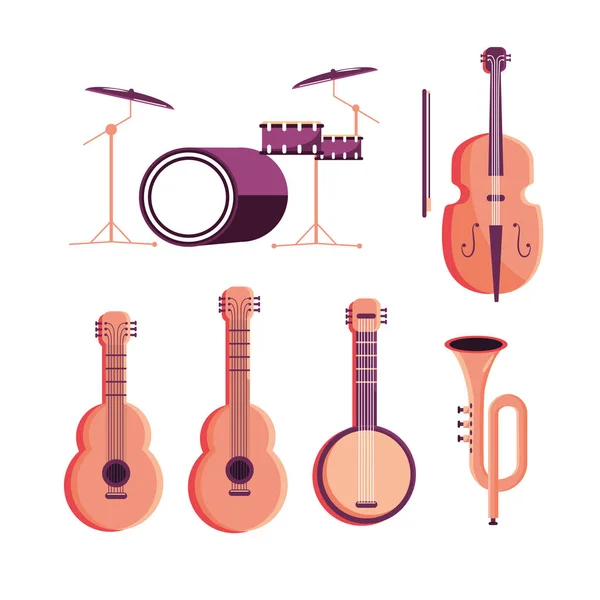 Set Drums Violin Guitars Banjo Cornet Vector Illustration — Stock Vector