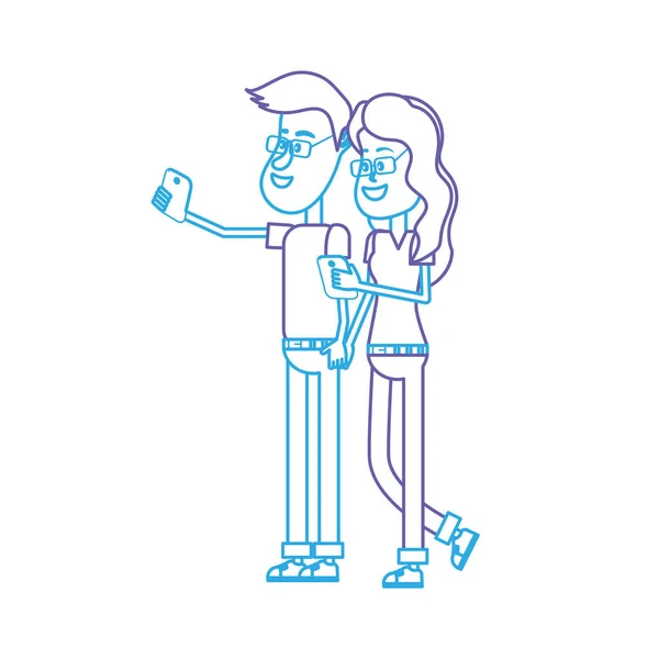 Línea Belleza Pareja Con Peinado Teléfono Inteligente Mano Vector Ilustración — Vector de stock