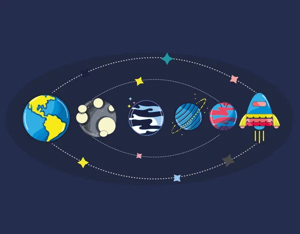 Solsystemet Galaxen Rymden Och Raket Vektorillustration — Stock vektor