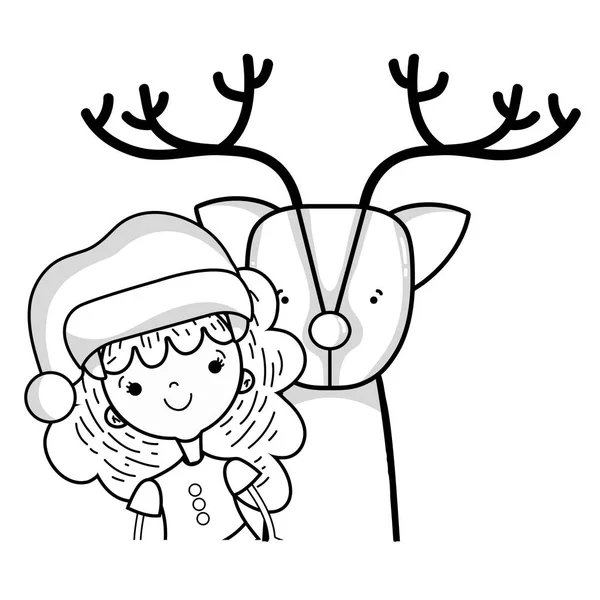 线漂亮的女孩与圣诞节衣服和驯鹿向量例证 — 图库矢量图片
