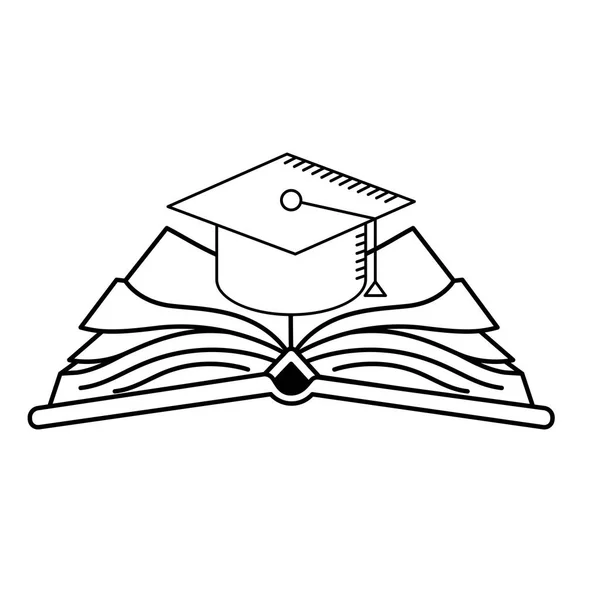 Graduation Chapeau Ligne Sur Illustration Vectorielle Livre Ouvert — Image vectorielle