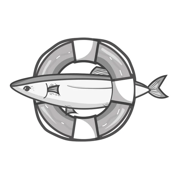 Graustufenfisch Mit Rettungsboje Objekt Design Vektor Illustration — Stockvektor