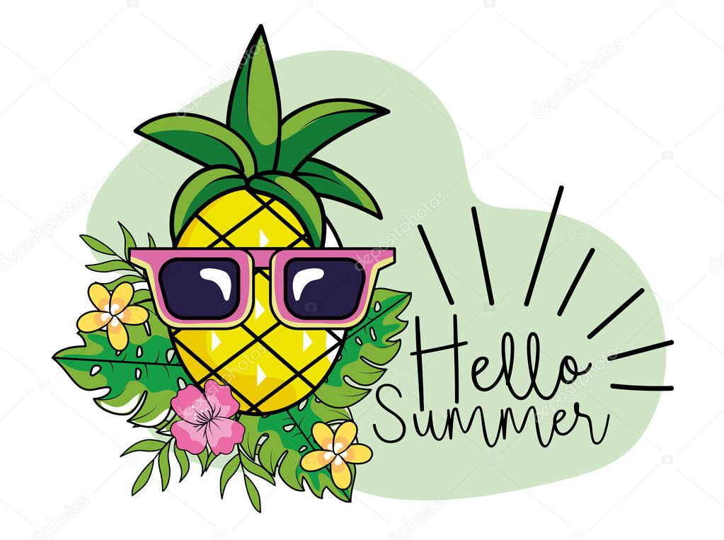 pineapple with sunglasses and leaves to summer vacation vector illustration